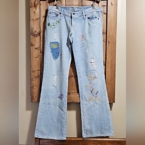 Guess Premium Distressed  Embroidered Low Rise Flared Jeans Size 29